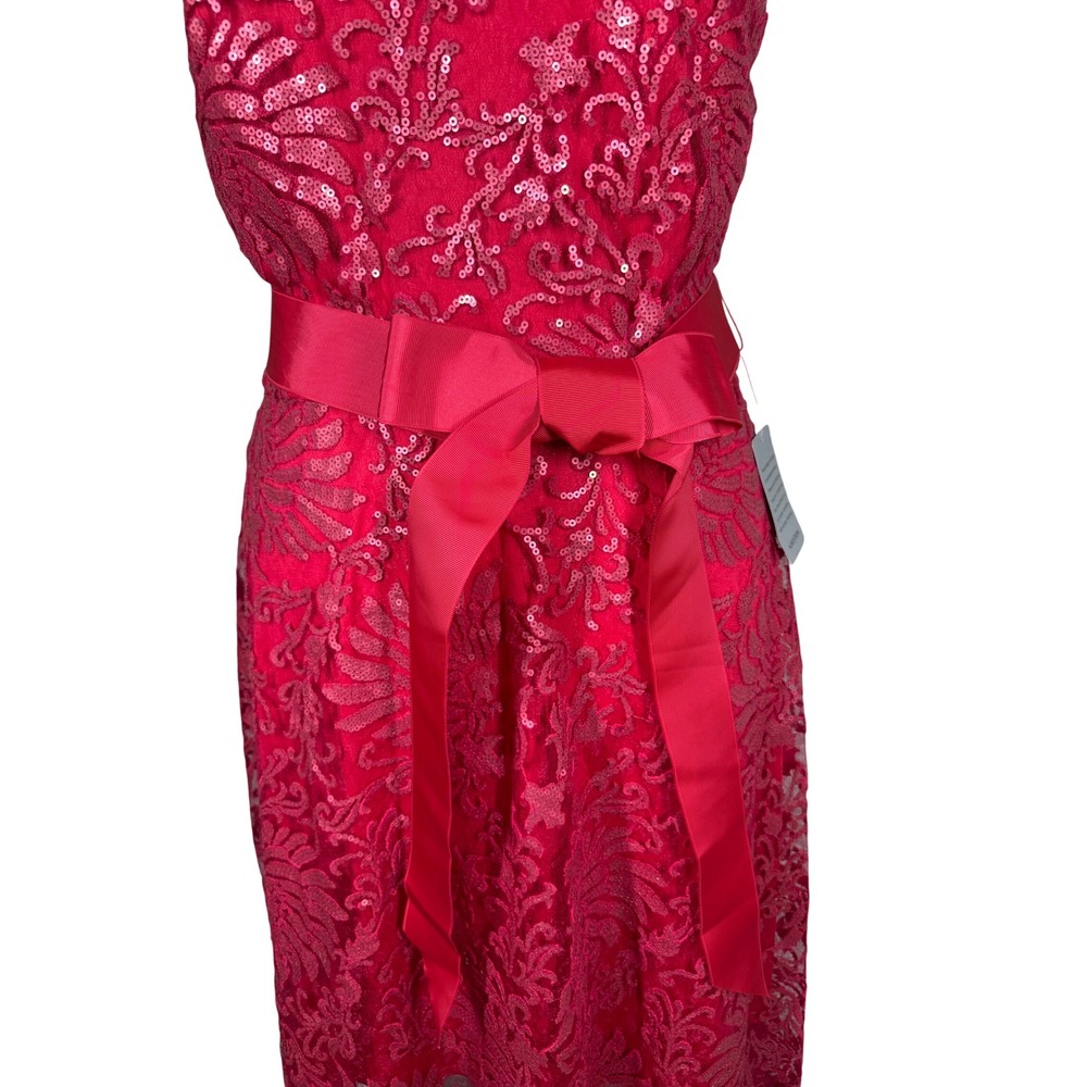 Tadashi Shoji Dress Womens 16 Red Sequin Lace Illusion Ribbon Belt Cocktail New - Picture 3 of 13